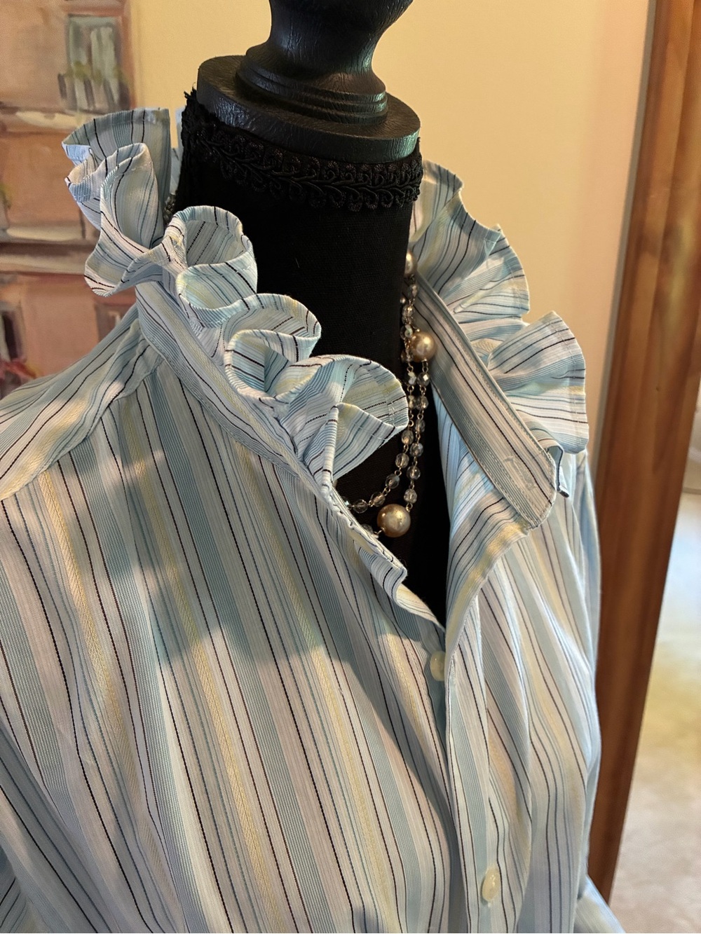 Perry Ellis Light Blue and White Striped Ruffle Collar Button-Front Shirt - Picture 4 of 6